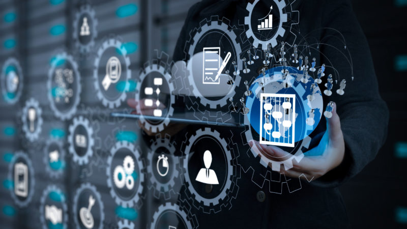 AR virtual screen dashboard with project management with icons of scheduling, budgeting, communication.