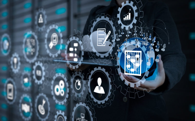 AR virtual screen dashboard with project management with icons of scheduling, budgeting, communication.